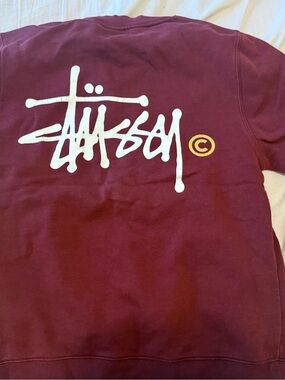 Stussy Burgundy Crewneck with White Script Logo and Yellow Detail